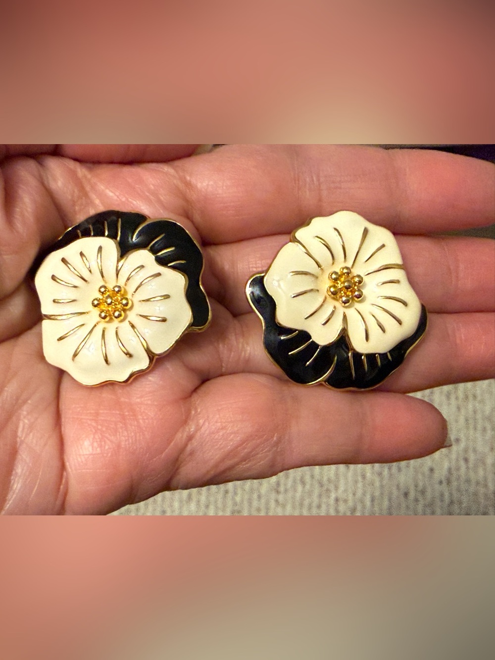 Vintage Monet Cream and Black Floral Clip-On Earrings - Women's Jewelry